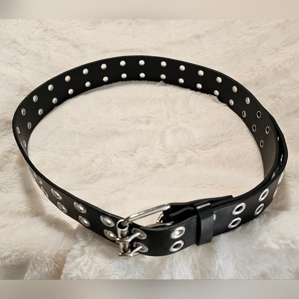 Black Belt Double Grommet Faux Leather Punk Belt for Women & Men, Small 39